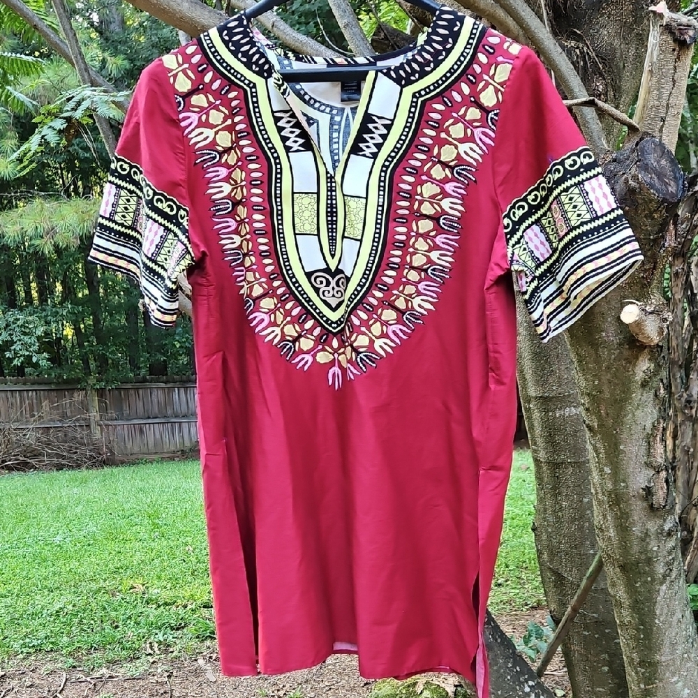 Ashley Stewart Plus Size 14/16 Cotton  Print Multicolor Dashiki Short Sleeve Top